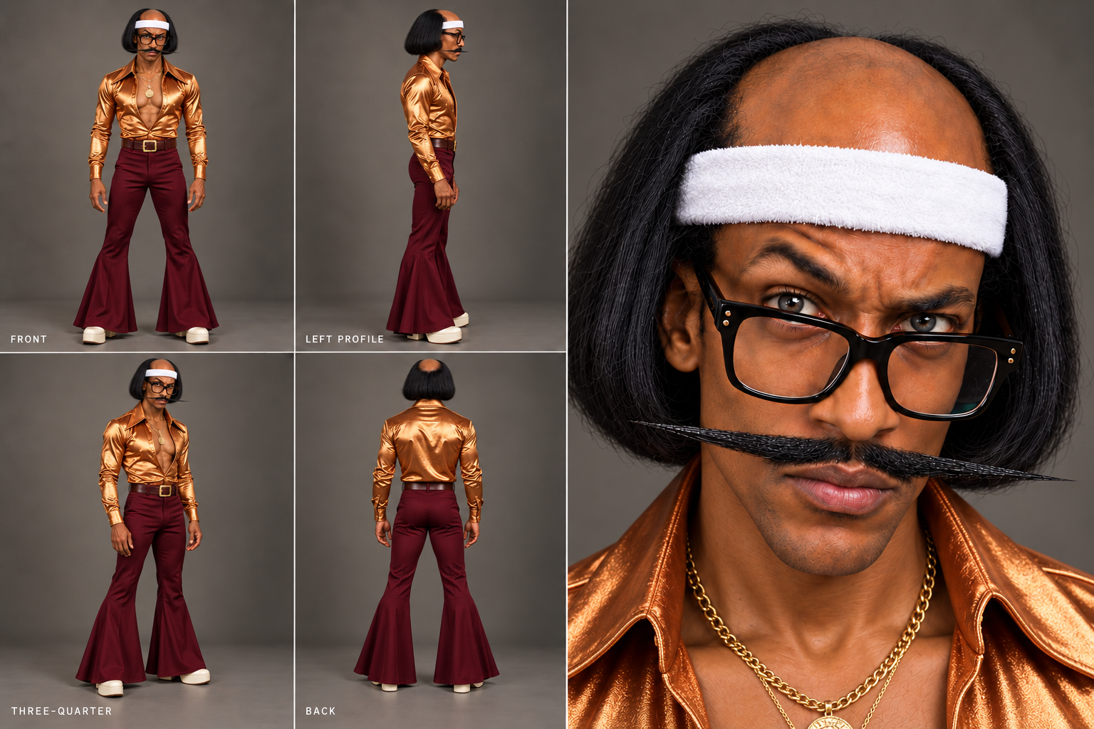 Uncle Reggie in a bronze disco shirt and burgundy trousers