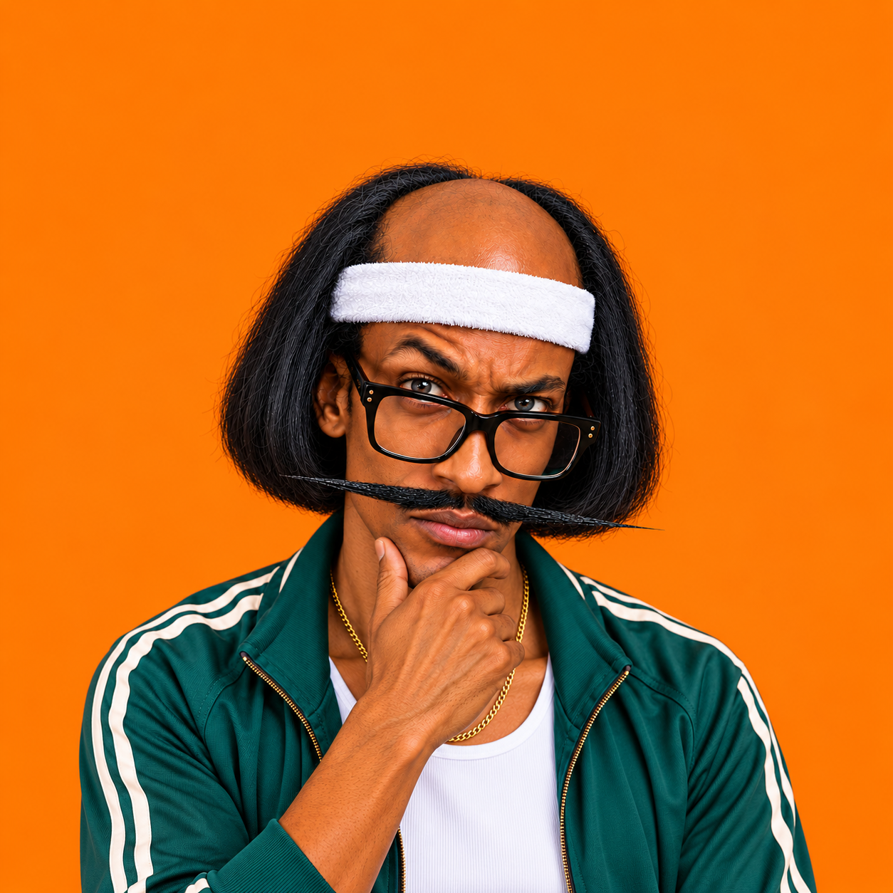 Close portrait of Uncle Reggie against an orange background